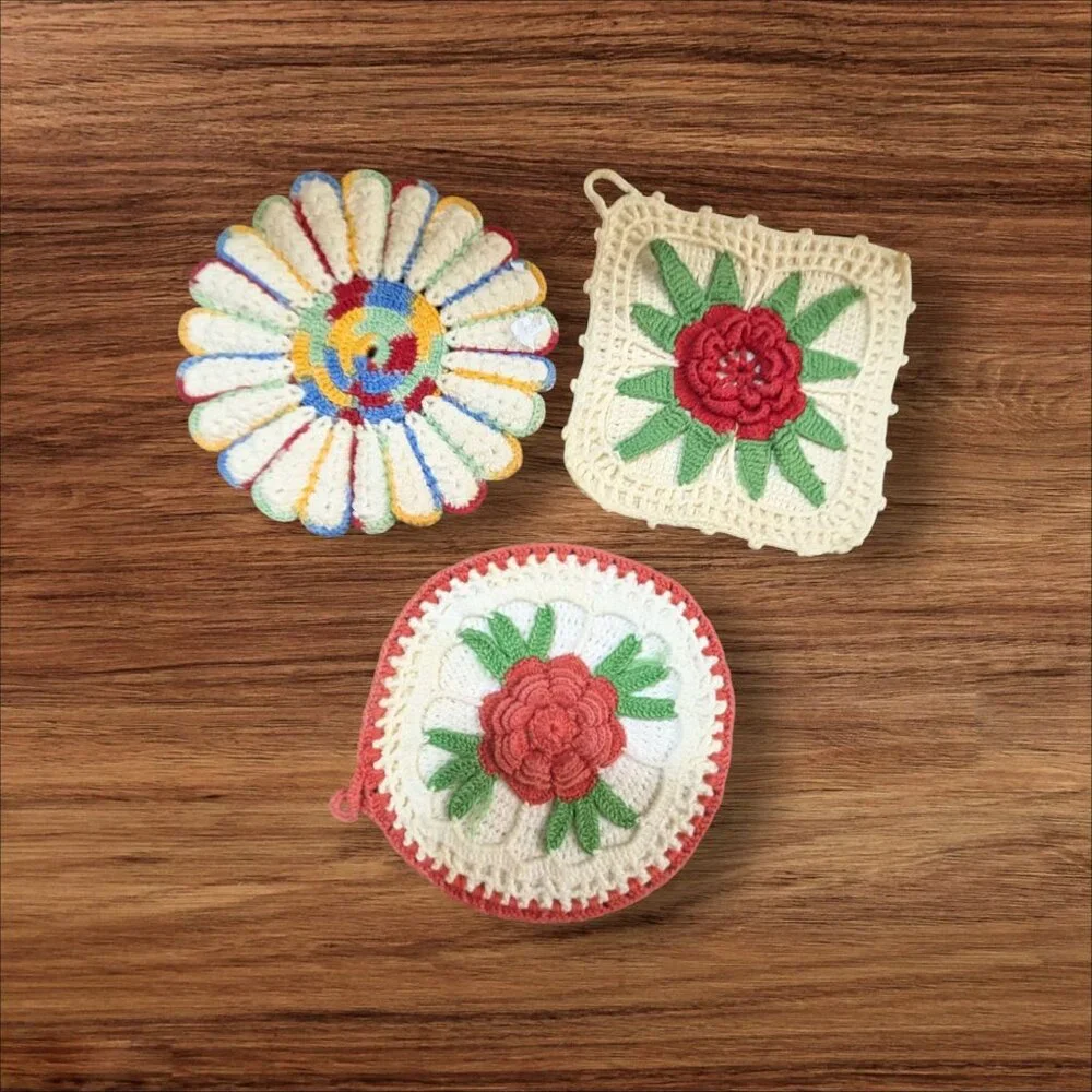 Vintage Crocheted Floral Hot Pads Set Of 3 Multicolor Handmade Pot Holders Kitch